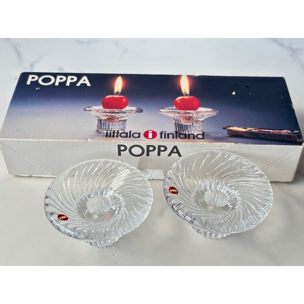 Iittala Finland Poppa Glass Candle Holder Set Valto Kokko Clear Swirl 2659-70